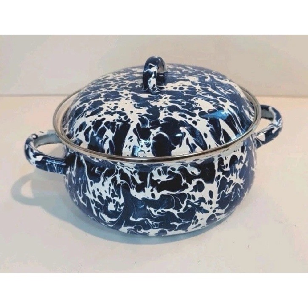 Golden Rabbit  "Cobalt Blue Swirl" Enamelware Spatterware Dutch Oven Pot 2.5qt